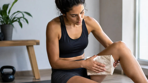 Persona aplicando calor local como medida de autocuidado para molestias tipo cólico menstrual