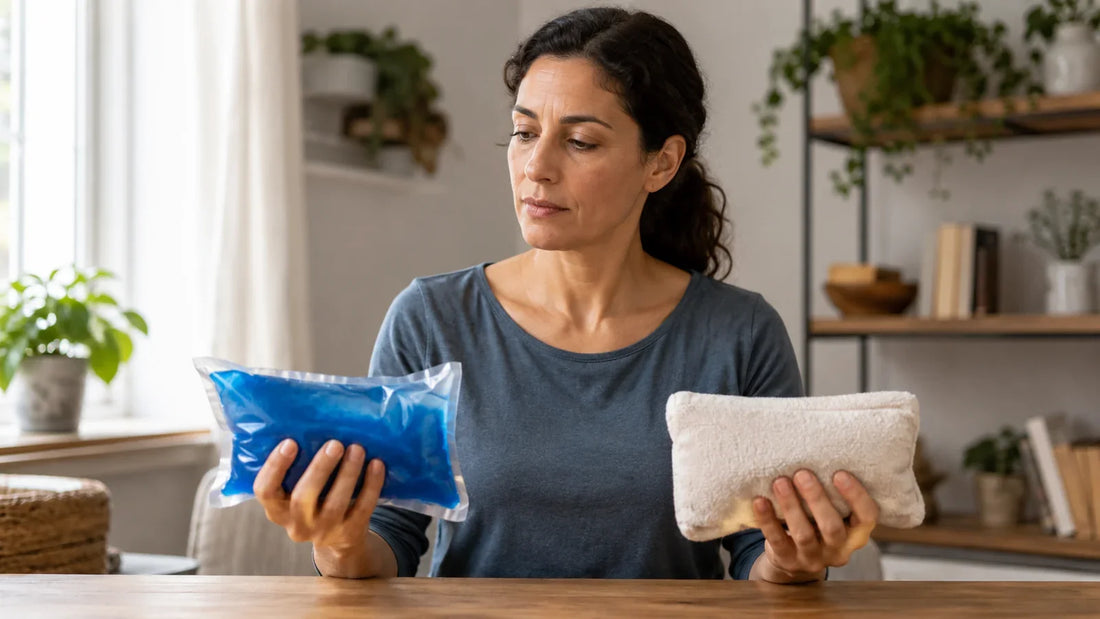 Persona comparando una compresa fría y una compresa tibia para decidir qué usar según la molestia