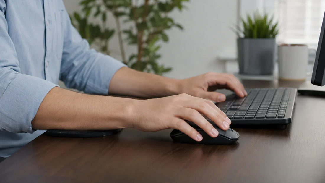 Persona trabajando con computador en un puesto doméstico como contexto de ergonomía y pausas para el cuello
