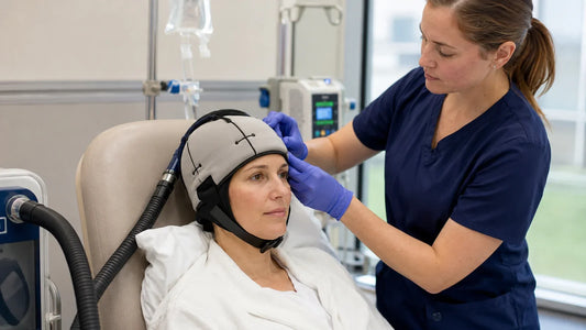 Profesional de salud ajustando un sistema clínico de enfriamiento del cuero cabelludo durante una sesión de quimioterapia