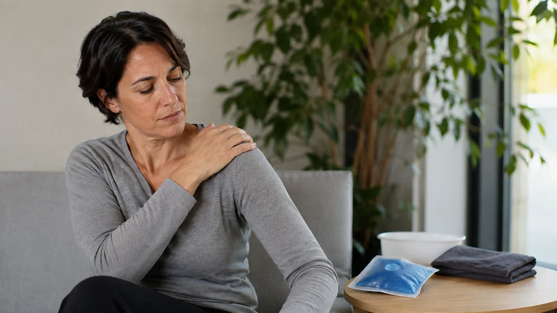 Persona aplicando una compresa fría en la parte posterior del cuello para aliviar molestias cervicales