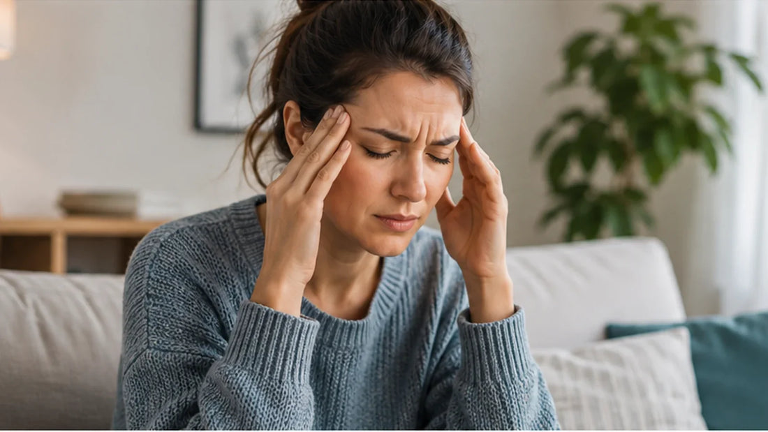Persona con síntomas de migraña descansando en casa mientras reconoce las señales de un episodio