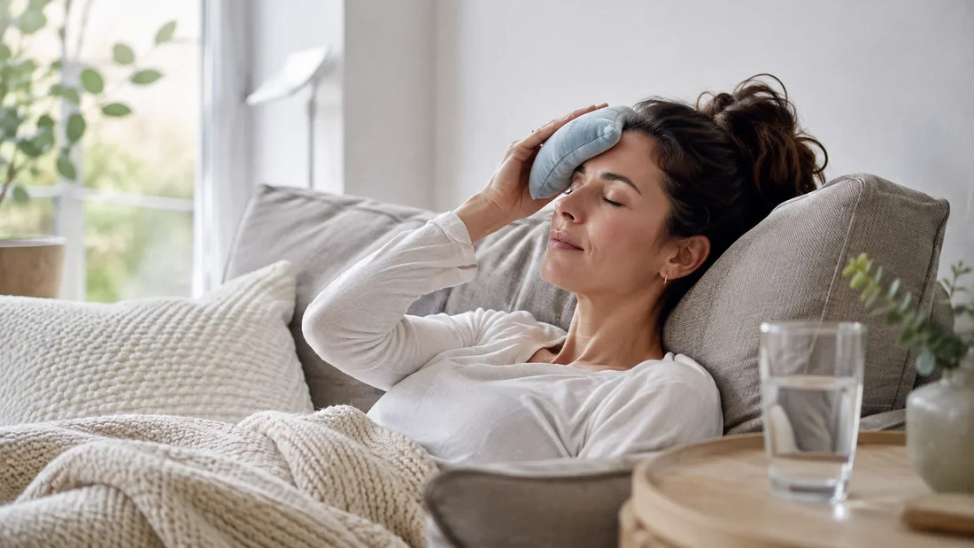 Persona descansando con una compresa fría sobre la frente durante un episodio de migraña