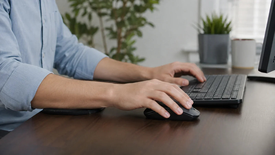 Manos utilizando teclado y mouse con las muñecas en posición neutral en un espacio de trabajo ergonómico